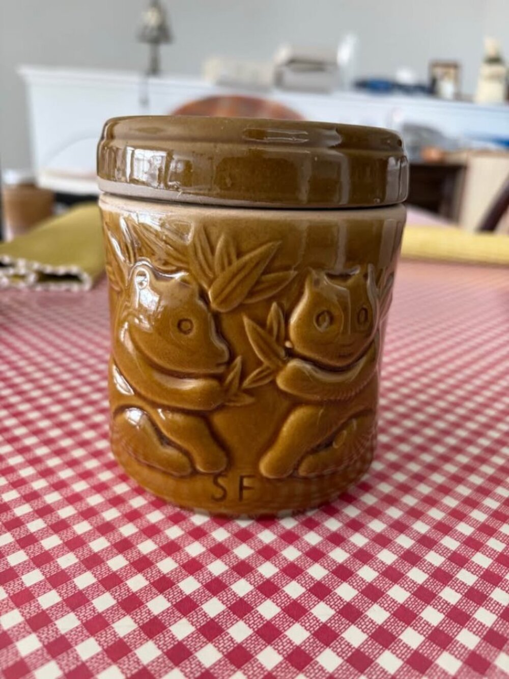 Vintage handmade ceramic panda & bamboo canister